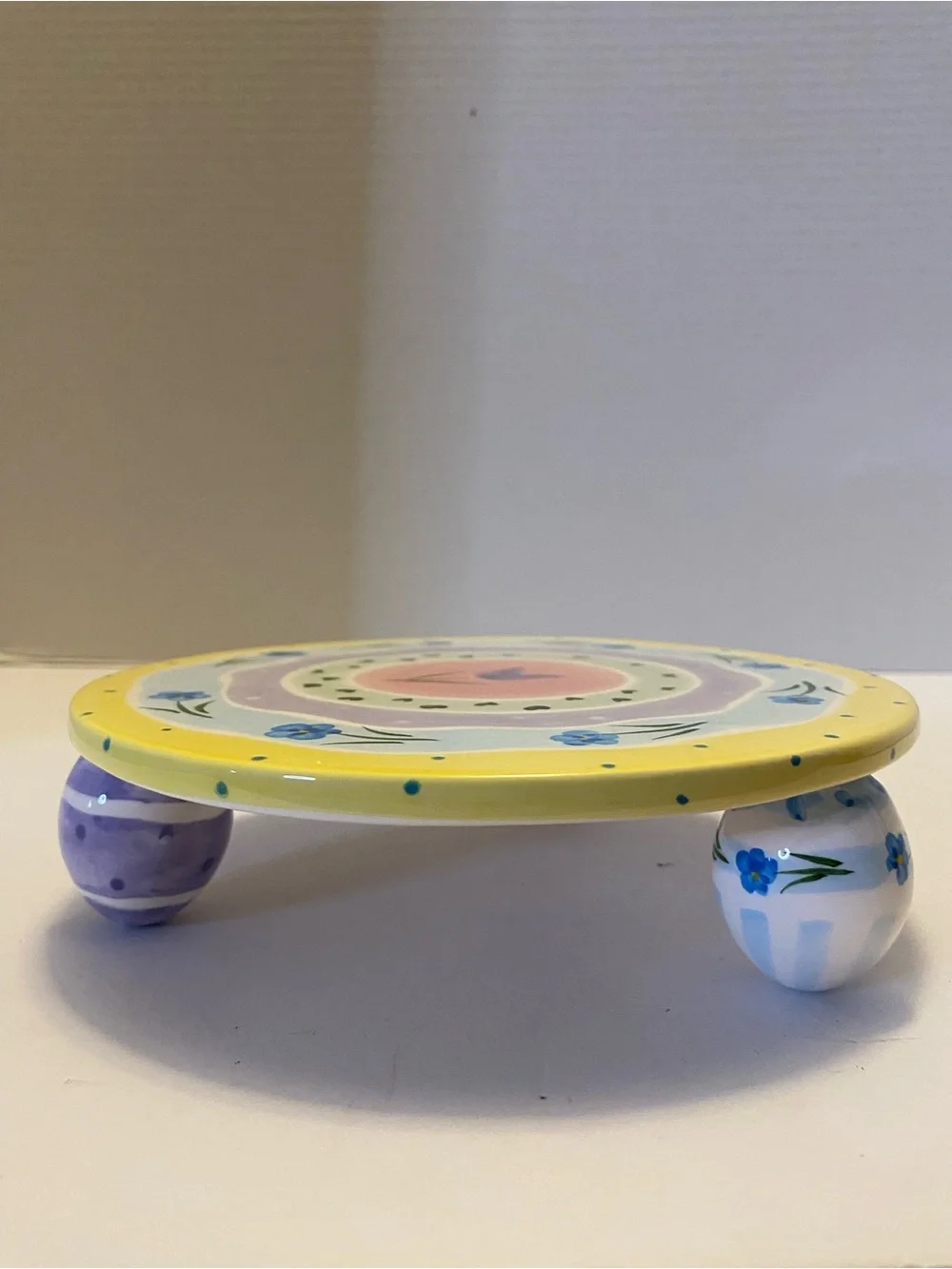 Cake Stand Ceramic Hand Painted Whimsical 8” Flowers Inc. Easter Egg Legs